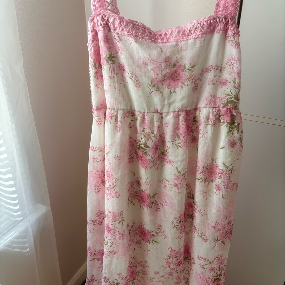 By the River Pink Floral Dress Size L - Crochet Straps & Tiered Skirt - Picture 3 of 6